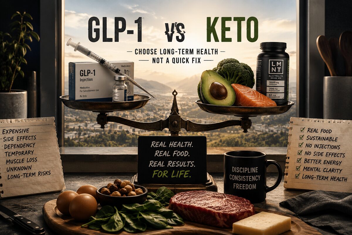 Dramatic GLP-1 vs keto comparison image showing weight-loss injections on one side of a balance scale and real keto foods with electrolytes on the other, representing long-term health, sustainable fat loss, hydration, energy, and consistency over quick-fix weight-loss drugs.
