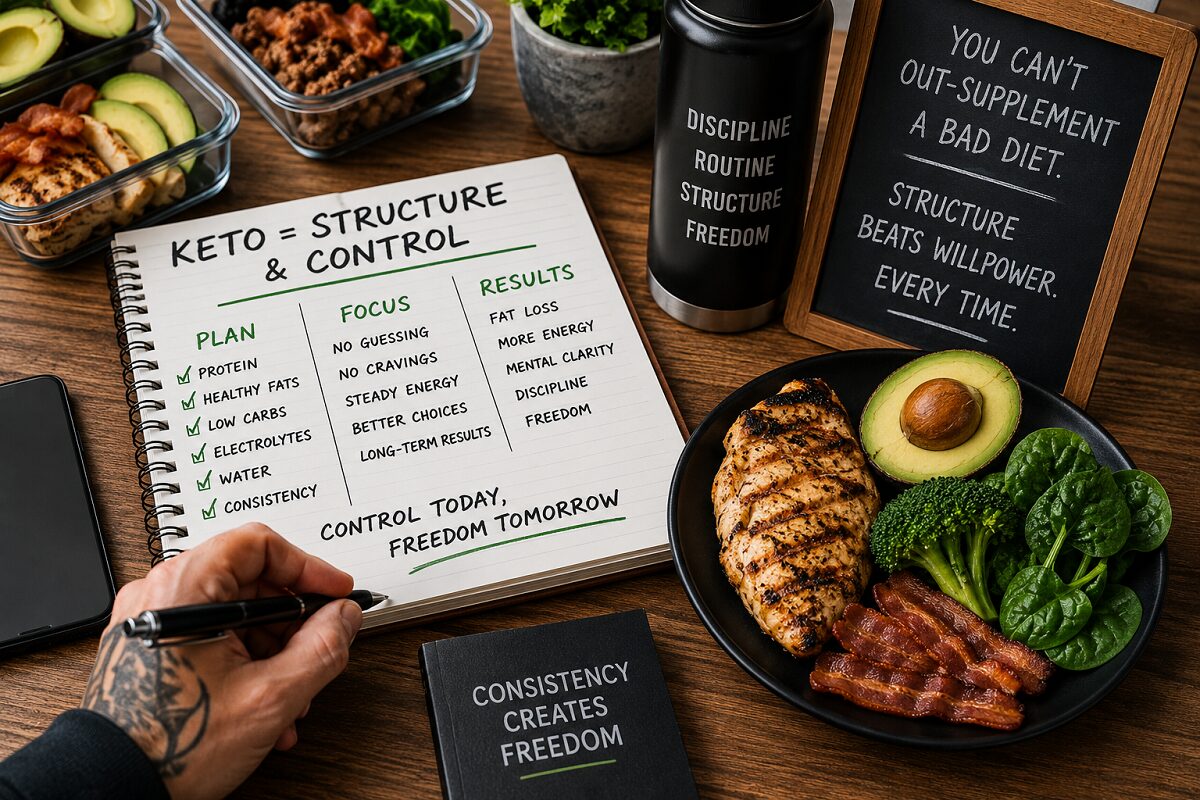 Organized keto meal planning setup showing structured low-carb meals, handwritten keto goals, healthy whole foods, and motivational reminders focused on discipline, consistency, long-term fat loss, and building better eating habits through routine and structure.