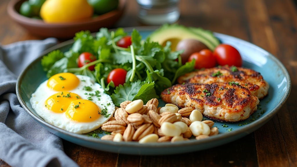 A colorful keto meal spread with eggs, leafy greens, avocados, nuts, cheese, and grilled chicken neatly arranged on a rustic kitchen table. No text, no people.