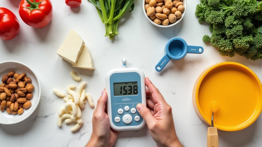 a selection of keto-friendly foods and a digital metabolism tracker