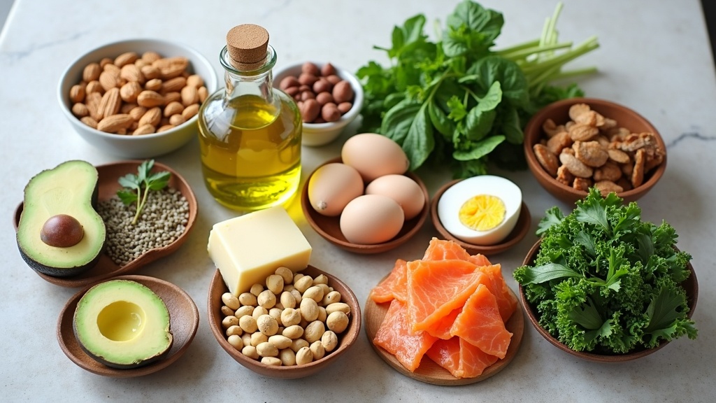 A variety of healthy whole foods associated with the ketogenic diet, such as avocado, nuts, olive oil, eggs, cheese, leafy greens, and salmon, arranged neatly on a kitchen counter.