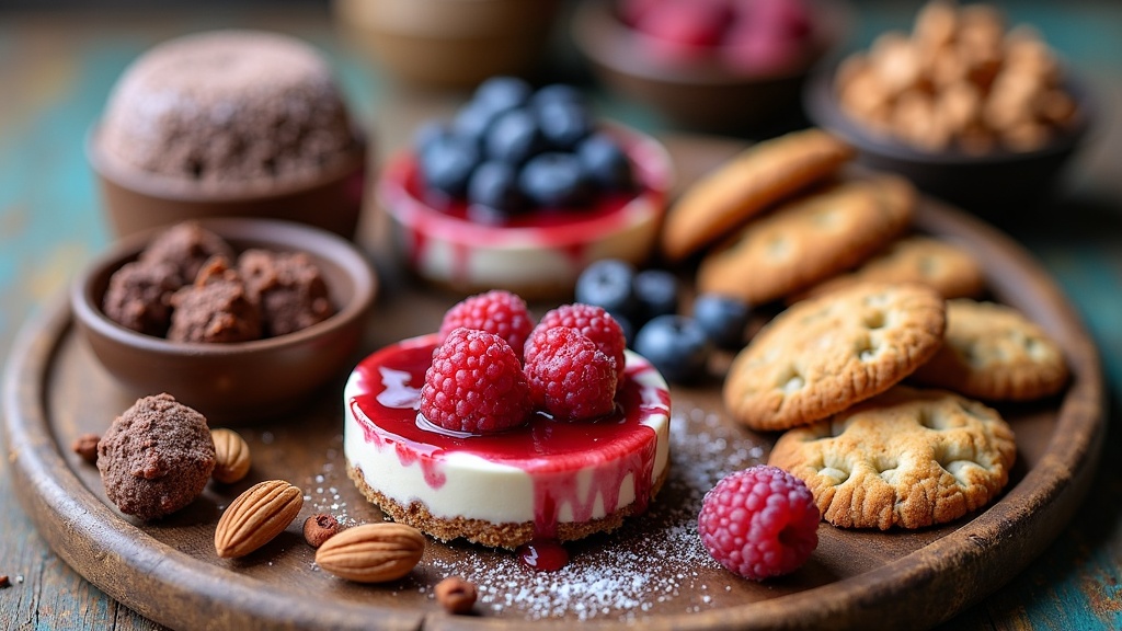 Assorted keto-friendly desserts in bowls and plates, like chocolate mousse, cheesecake, and almond cookies