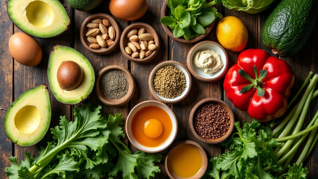 Colorful low-carb keto meal with avocado, eggs, and leafy greens