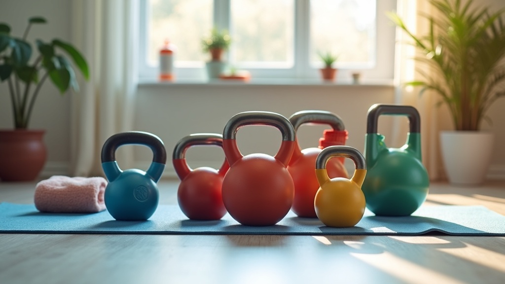 Kettlebells, yoga mats, and water bottles arranged for a home workout