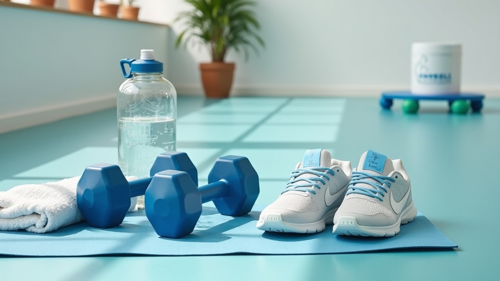 Minimal dumbbells, sneakers, water bottle, towel, skipping rope, and protein powder on a gym mat. Bright, clean gym vibe, no people.