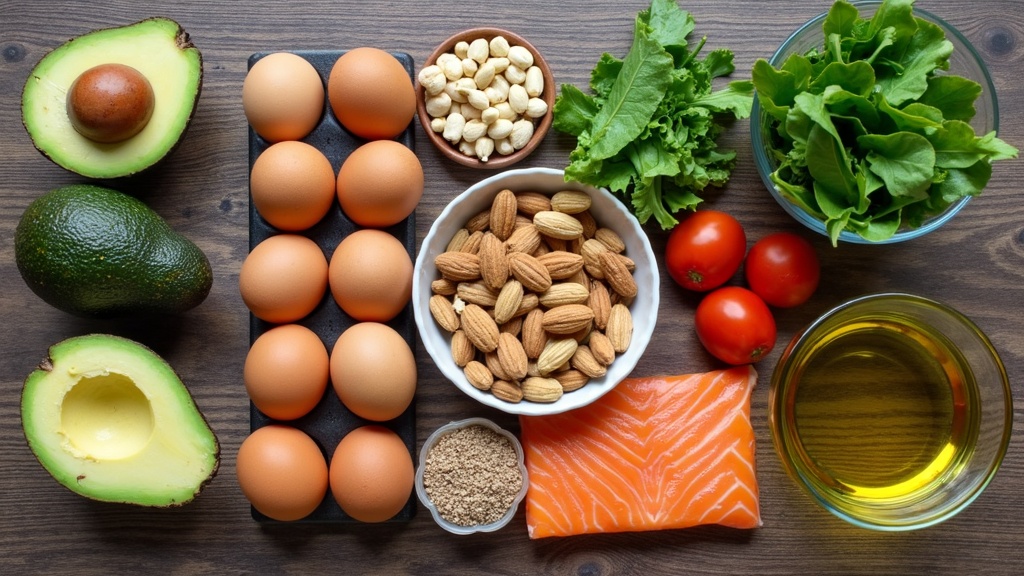 Variety of ketofriendly foods arranged on a table, including avocado, eggs, olive oil, nuts, leafy greens, and salmon.