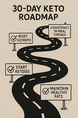 “30-day keto roadmap illustration showing a winding road with milestone signs labeled ‘Start Ketosis,’ ‘Reset Electrolytes,’ ‘Maintain Healthy Fats,’ and ‘Consistency in Meal Timings,’ representing a simple visual journey through a 30-day keto plan.”