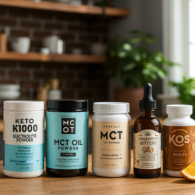 Top keto supplements including electrolyte powder, exogenous ketones, MCT oil, digestive bitters, and multivitamin capsules arranged neatly on a kitchen counter in natural light.