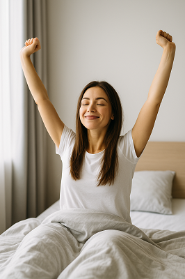 “Young woman waking up in the morning, smiling and well-rested, sitting up in bed with soft sunlight coming through the window - representing recovery and energy after overcoming keto flu.”
